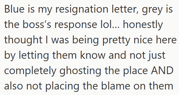 Blue is my resignation letter, grey is the boss's response lol... honestly thought I was being pretty nice here by letting them know and not just completely ghosting the place AND also not placing the blame on them