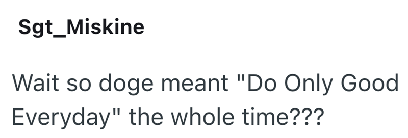 Sgt_Miskine Wait so doge meant "Do Only Good Everyday" the whole time???