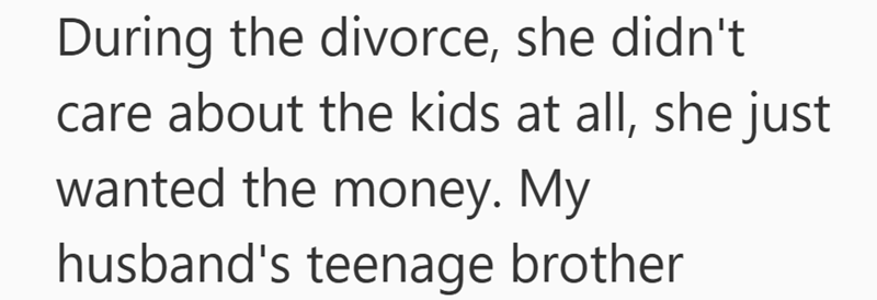 During the divorce, she didn't care about the kids at all, she just wanted the money. My husband's teenage brother