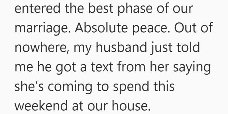entered the best phase of our marriage. Absolute peace. Out of nowhere, my husband just told me he got a text from her saying she's coming to spend this weekend at our house.