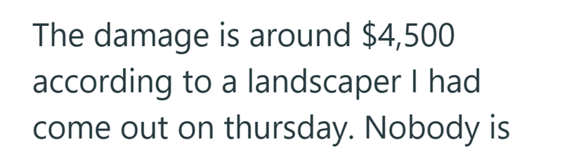 The damage is around $4,500 according to a landscaper I had come out on thursday. Nobody is