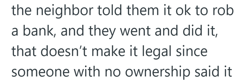 the neighbor told them it ok to rob a bank, and they went and did it, that doesn't make it legal since someone with no ownership said it