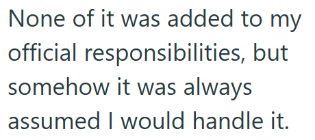 None of it was added to my official responsibilities, but somehow it was always assumed I would handle it.