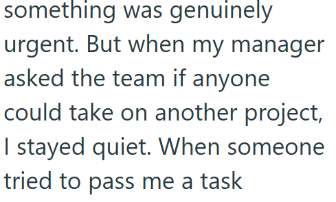 something was genuinely urgent. But when my manager asked the team if anyone could take on another project, I stayed quiet. When someone tried to pass me a task