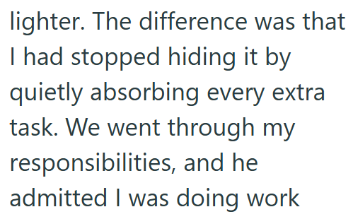 lighter. The difference was that I had stopped hiding it by quietly absorbing every extra task. We went through my responsibilities, and he admitted I was doing work
