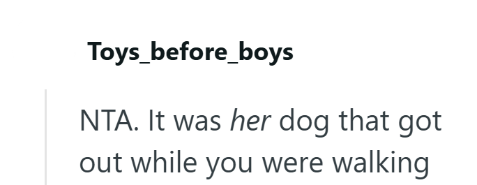 Toys_before_boys NTA. It was her dog that got out while you were walking