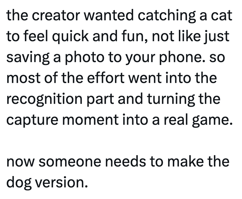 the creator wanted catching a cat to feel quick and fun, not like just saving a photo to your phone. so most of the effort went into the recognition part and turning the capture moment into a real game. now someone needs to make the dog version.