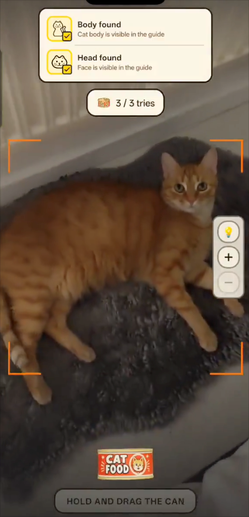 Body found Cat body is visible in the guide Head found Face is visible in the guide 3/3 tries CAT FOOD HOLD AND DRAG THE CAN +