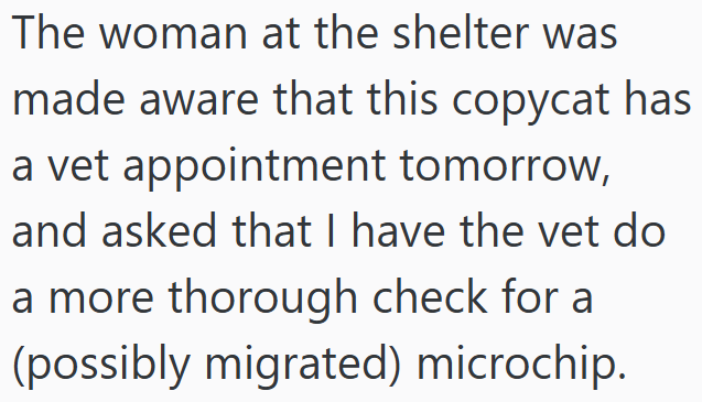 The woman at the shelter was made aware that this copycat has a vet appointment tomorrow, and asked that I have the vet do a more thorough check for a (possibly migrated) microchip.