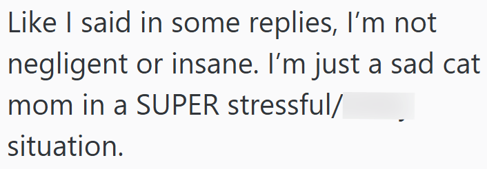 Like I said in some replies, I'm not negligent or insane. I'm just a sad cat mom in a SUPER stressful/ situation.
