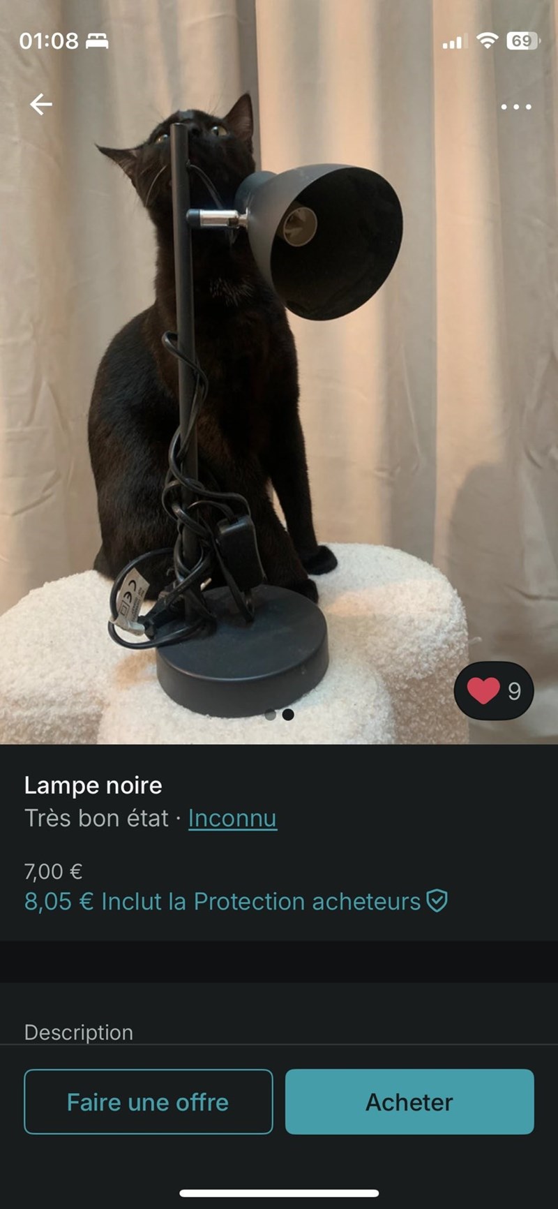 01:08 K Lampe noire Très bon état. Inconnu 7,00 € 8,05 € Inclut la Protection acheteurs Description Faire une offre Acheter 9 • 69
