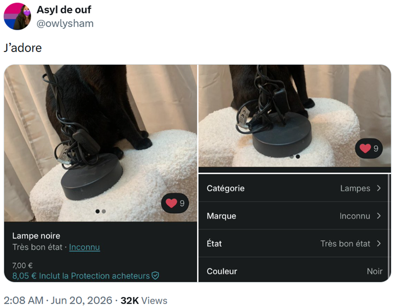 Asyl de ouf @owlysham J'adore Lampe noire Très bon état • Inconnu 7,00 € 8,05 € Inclut la Protection acheteurs 2:08 AM ⚫ Jun 20, 2026 32K Views 6 9 Catégorie Lampes > Marque État Couleur Inconnu > Très bon état > Noir