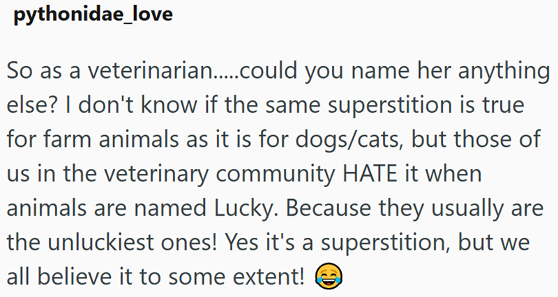 pythonidae_love So as a veterinarian.....could you name her anything else? I don't know if the same superstition is true for farm animals as it is for dogs/cats, but those of us in the veterinary community HATE it when animals are named Lucky. Because they usually are the unluckiest ones! Yes it's a superstition, but we all believe it to some extent!