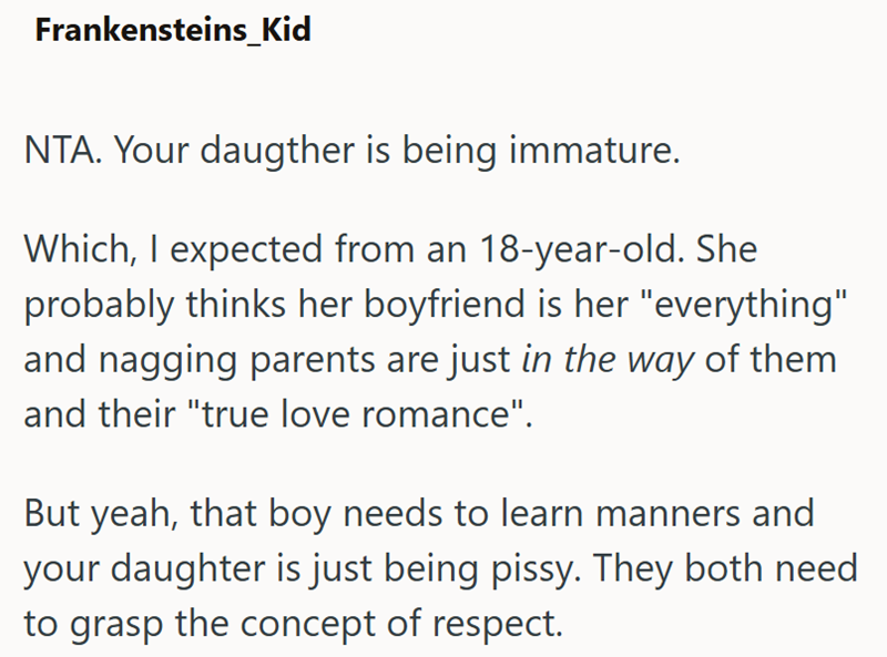 Frankensteins_Kid NTA. Your daugther is being immature. Which, I expected from an 18-year-old. She probably thinks her boyfriend is her "everything" and nagging parents are just in the way of them and their "true love romance". But yeah, that boy needs to learn manners and your daughter is just being pissy. They both need to grasp the concept of respect.