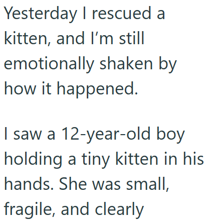Yesterday I rescued a kitten, and I'm still emotionally shaken by how it happened. I saw a 12-year-old boy holding a tiny kitten in his hands. She was small, fragile, and clearly