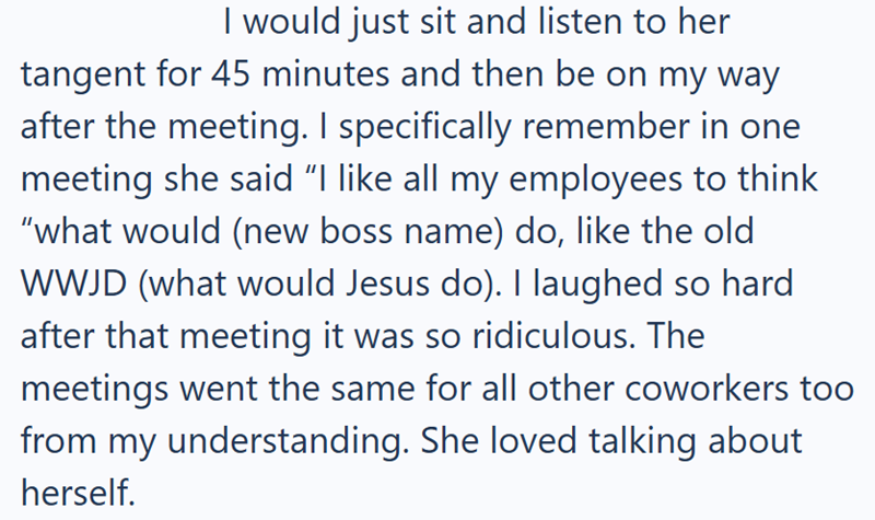 I would just sit and listen to her tangent for 45 minutes and then be on my way after the meeting. I specifically remember in one meeting she said "I like all my employees to think "what would (new boss name) do, like the old WWJD (what would Jesus do). I laughed so hard after that meeting it was so ridiculous. The meetings went the same for all other coworkers too from my understanding. She loved talking about herself.