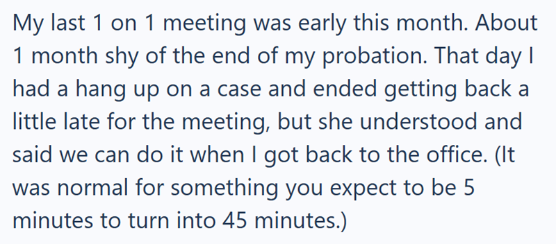 My last 1 on 1 meeting was early this month. About 1 month shy of the end of my probation. That day I had a hang up on a case and ended getting back a little late for the meeting, but she understood and said we can do it when I got back to the office. (It was normal for something you expect to be 5 minutes to turn into 45 minutes.)