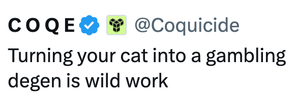 COQE @Coquicide Turning your cat into a gambling degen is wild work