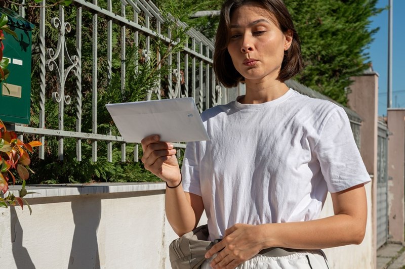 Woman in a white T-shirt holding an envelope outside beside a metal fence and greenery on a sunny street.