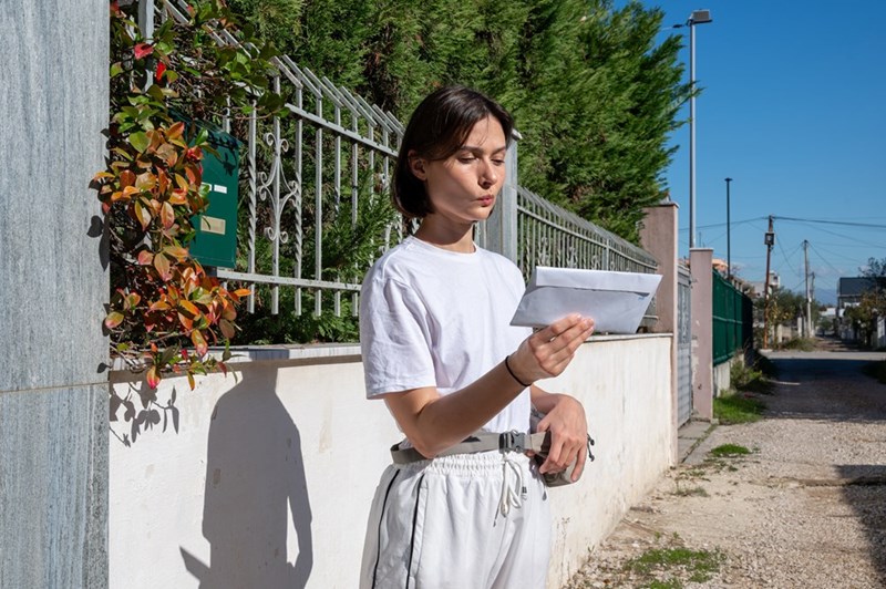 Woman in a white T-shirt reading a letter beside a metal fence, greenery, and a sunny sidewalk.