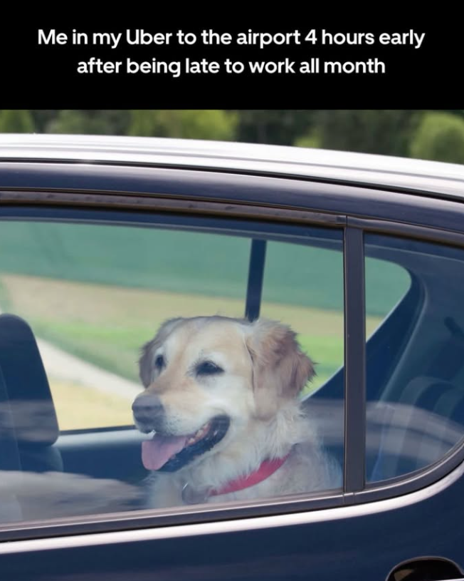 Me in my Uber to the airport 4 hours early after being late to work all month