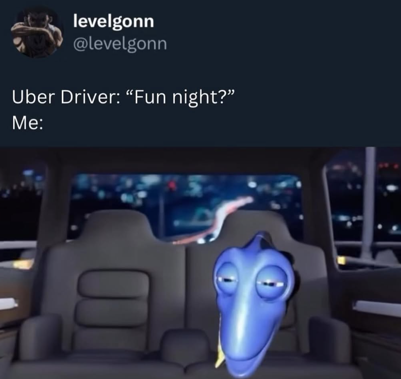 levelgonn @levelgonn Uber Driver: "Fun night?" Me:
