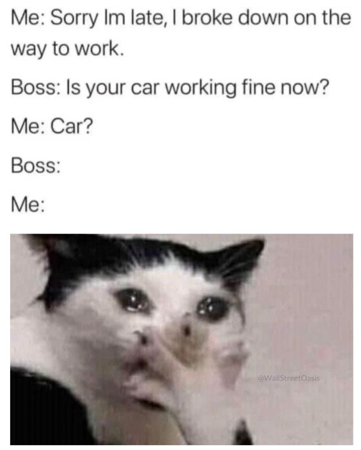 Me: Sorry Im late, I broke down on the way to work. Boss: Is your car working fine now? Me: Car? Boss: Me: @WallStreetOasis