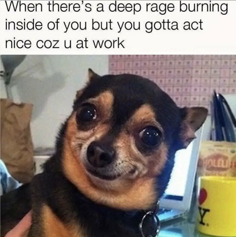 When there's a deep rage burning inside of you but you gotta act nice coz u at work HOLELIFE Y