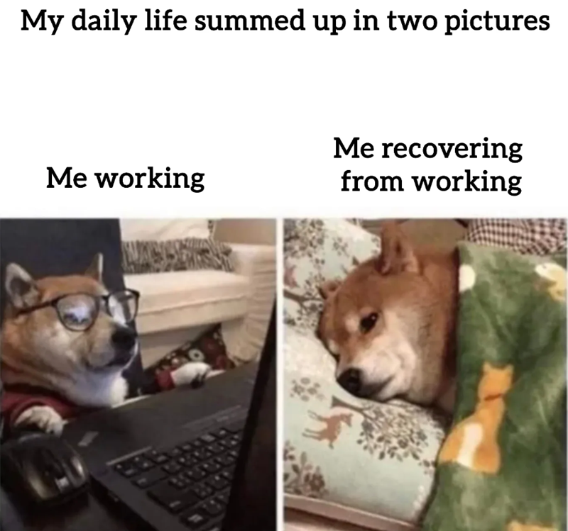 My daily life summed up in two pictures Me recovering Me working from working