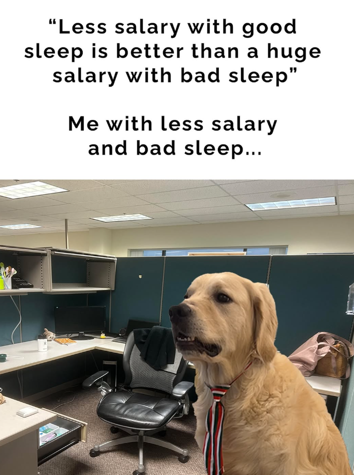 "Less salary with good sleep is better than a huge salary with bad sleep" Me with less salary and bad sleep...
