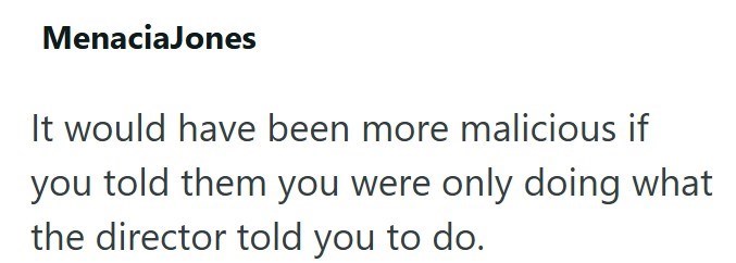 MenaciaJones It would have been more malicious if you told them you were only doing what the director told you to do.