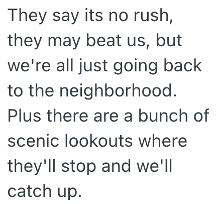 They say its no rush, they may beat us, but we're all just going back to the neighborhood. Plus there are a bunch of scenic lookouts where they'll stop and we'll catch up.