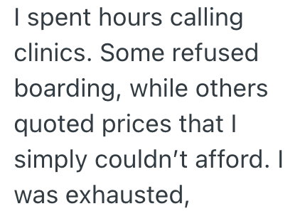 I spent hours calling clinics. Some refused boarding, while others quoted prices that I simply couldn't afford. I was exhausted,