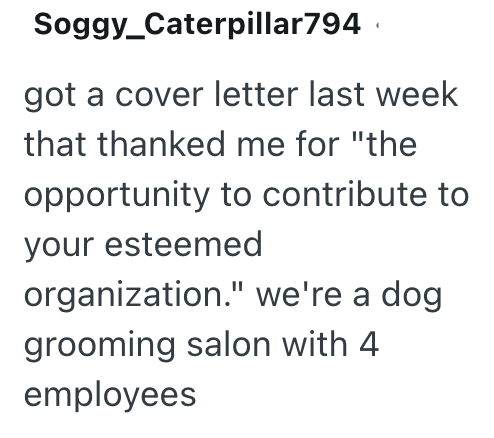 Soggy_Caterpillar794 got a cover letter last week that thanked me for "the opportunity to contribute to your esteemed organization." we're a dog grooming salon with 4 employees