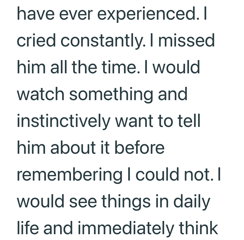 have ever experienced. I cried constantly. I missed him all the time. I would watch something and instinctively want to tell him about it before remembering I could not. I would see things in daily life and immediately think