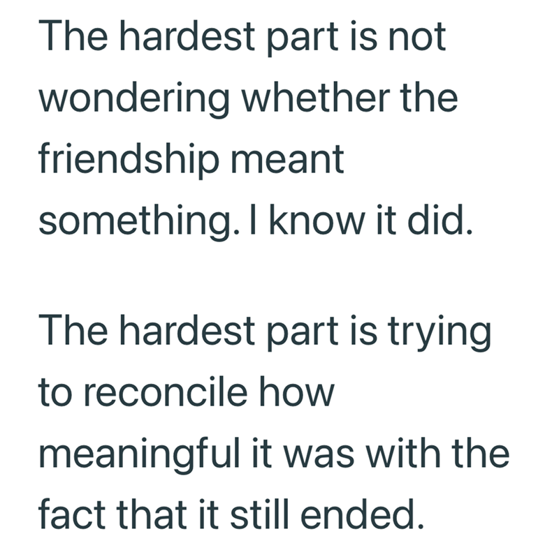 The hardest part is not wondering whether the friendship meant something. I know it did. The hardest part is trying to reconcile how meaningful it was with the fact that it still ended.