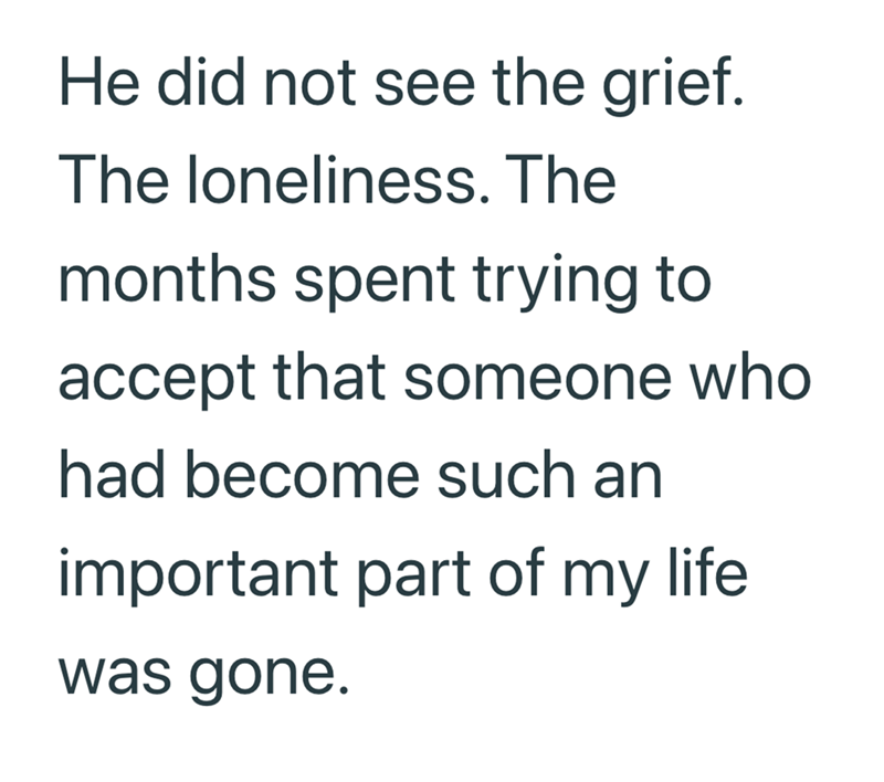 He did not see the grief. The loneliness. The months spent trying to accept that someone who had become such an important part of my life was gone.