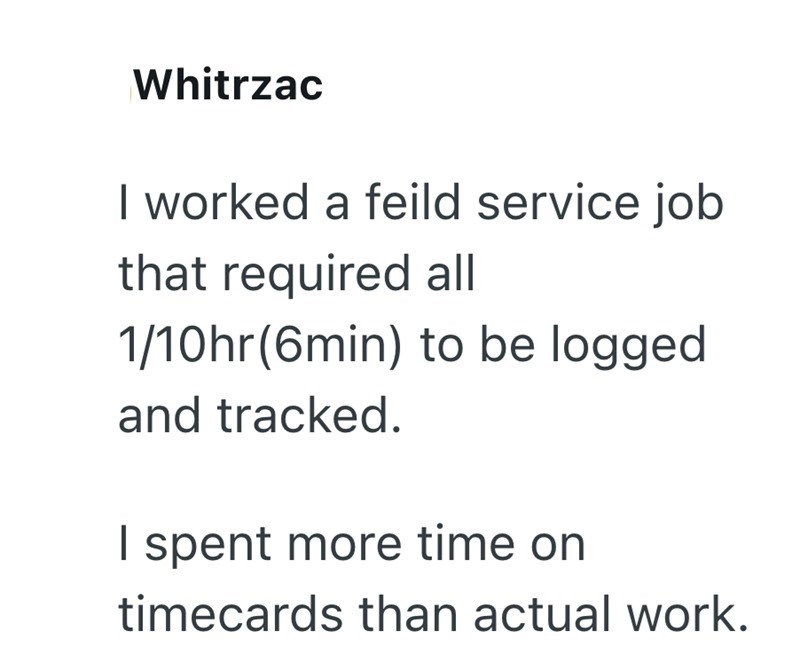 Whitrzac I worked a feild service job that required all 1/10hr(6min) to be logged and tracked. I spent more time on timecards than actual work.