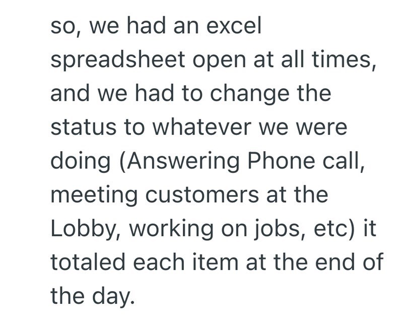 so, we had an excel spreadsheet open at all times, and we had to change the status to whatever we were doing (Answering Phone call, meeting customers at the Lobby, working on jobs, etc) it totaled each item at the end of the day.