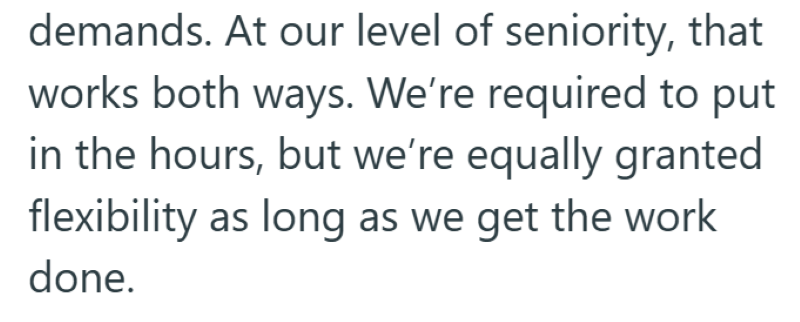 demands. At our level of seniority, that works both ways. We're required to put in the hours, but we're equally granted flexibility as long as we get the work done.