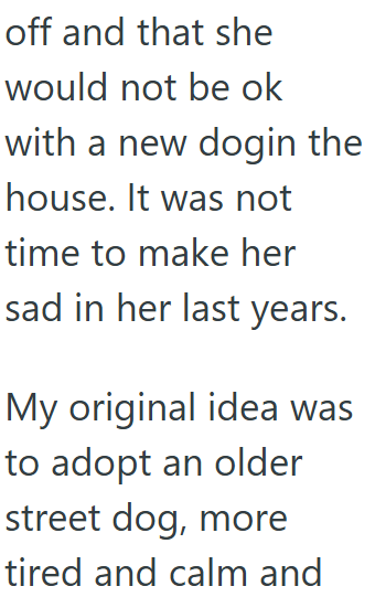 off and that she would not be ok with a new dogin the house. It was not time to make her sad in her last years. My original idea was to adopt an older street dog, more tired and calm and