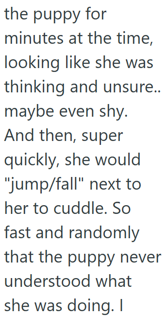 the puppy for minutes at the time, looking like she was thinking and unsure.. maybe even shy. And then, super quickly, she would "jump/fall" next to her to cuddle. So fast and randomly that the puppy never understood what she was doing. I