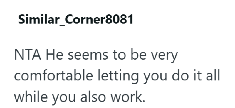 Similar_Corner8081 NTA He seems to be very comfortable letting you do it all while you also work.