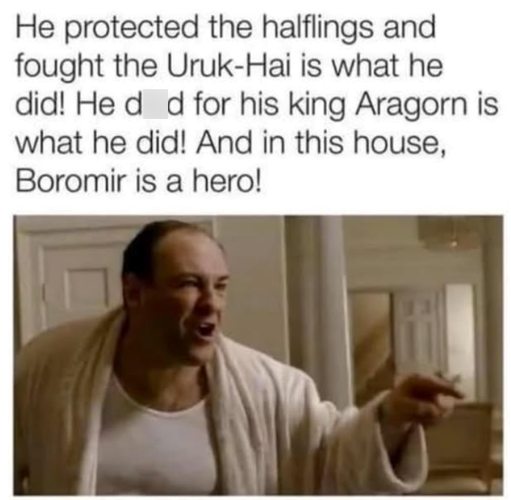 He protected the halflings and fought the Uruk-Hai is what he did! He d d for his king Aragorn is what he did! And in this house, Boromir is a hero!