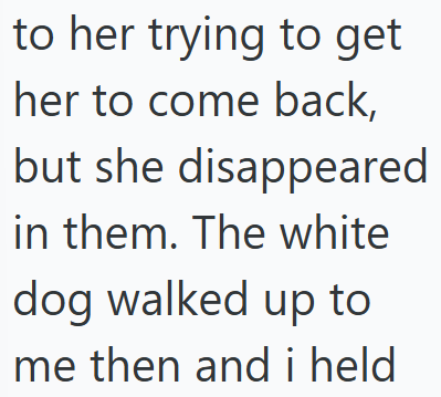 to her trying to get her to come back, but she disappeared in them. The white dog walked up to me then and i held