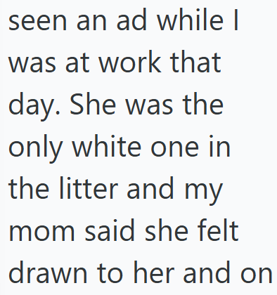 seen an ad while I was at work that day. She was the only white one in the litter and my mom said she felt drawn to her and on
