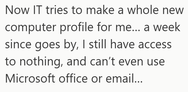 Now IT tries to make a whole new computer profile for me... a week since goes by, I still have access to nothing, and can't even use Microsoft office or email...