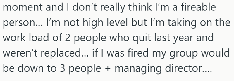 moment and I don't really think I'm a fireable person... I'm not high level but I'm taking on the work load of 2 people who quit last year and weren't replaced... if I was fired my group would be down to 3 people + managing director....