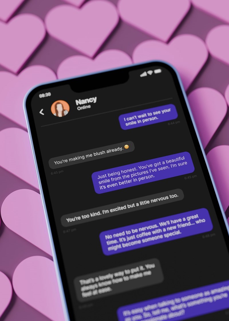 A smartphone displaying a dating app conversation between two people discussing when to meet for a first date.