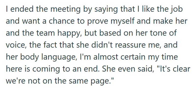 I ended the meeting by saying that I like the job and want a chance to prove myself and make her and the team happy, but based on her tone of voice, the fact that she didn't reassure me, and her body language, I'm almost certain my time here is coming to an end. She even said, "It's clear we're not on the same page."